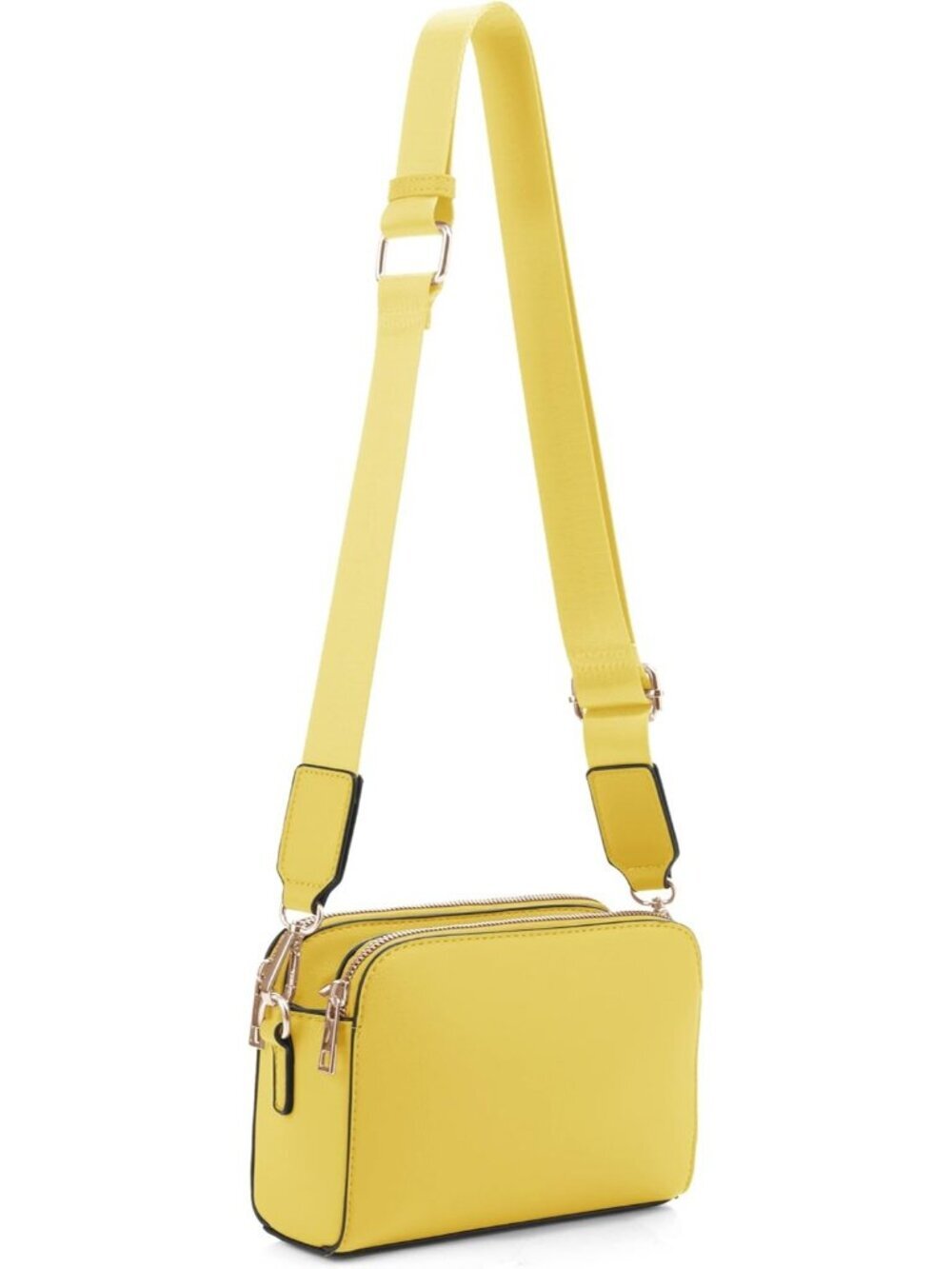 Women's Yellow Trendy Triple Zip Small Crossbody Bag Purse with Guitar Strap